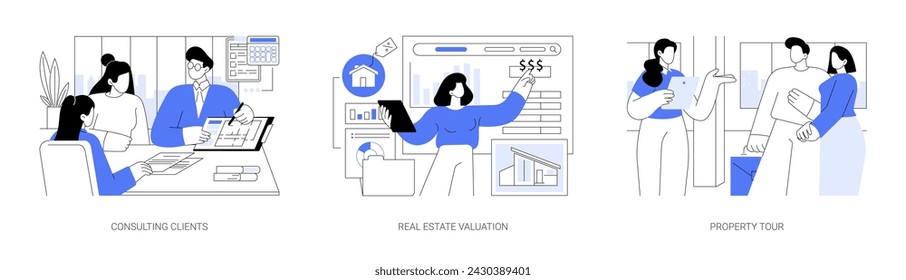 Full-service real estate firm isolated cartoon vector illustrations set. Broker consulting client in the office, real estate valuation, comparative market analysis, B2B property tour vector cartoon.