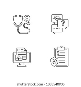 Full-service telehealth platform linear icons set. Consultation fee. Free question to specialist. Customizable thin line contour symbols. Isolated vector outline illustrations. Editable stroke