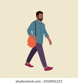 Full-size body length happy young successful employee businessman going to the office with orange bag editable vector illustration  