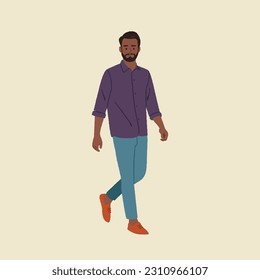 Full-size body length happy young successful employee businessman walking editable vector illustration  