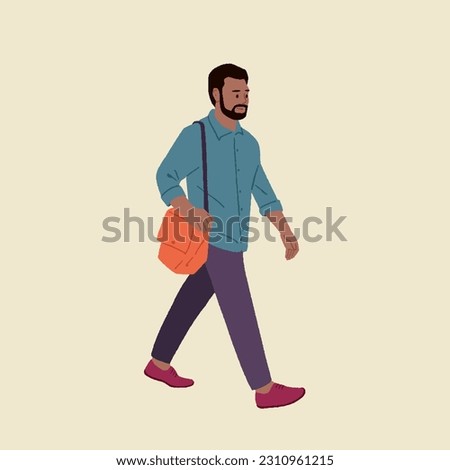 Full-size body length happy young successful employee businessman going to the office with orange bag editable vector illustration  