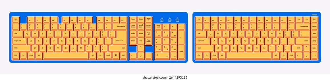 Full-size and compact keyboard. Vector illustration. Modern design. Suitable for tech, office, UI elements, digital devices, and workspace concepts. Colorful. Mechanical.