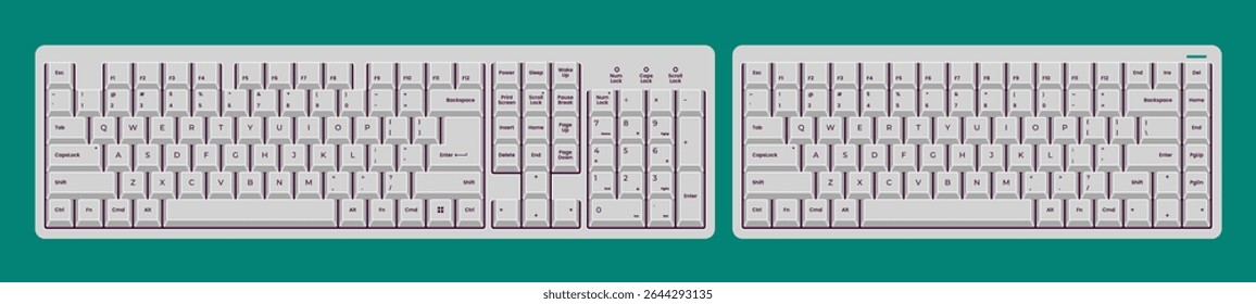Full-size and compact keyboard. Vector illustration. Modern design. Suitable for tech, office, UI elements, digital devices, and workspace concepts. White color. Mechanical.