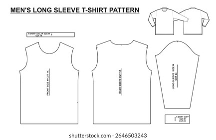 Full-size printable men's long-sleeve T-shirt sewing pattern. Digital template front, back, sleeve, collar, and cuff pieces, all clearly labeled and outlined for easy cutting and assembly, size M.
