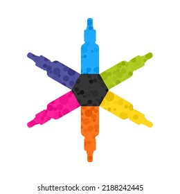 Full-spectrum radial oil dropper bottles. An arrangement of colourful pipette dispensers with a bubble overlay. Isolated on a white background.