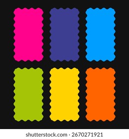 Rectángulos altos y ondulados de espectro completo. Coloridos símbolos rectangulares con bordes ondulados. Aislado en un fondo negro.