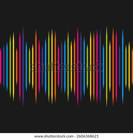 Full-spectrum vertical spikes, sound wave. A row of colourful waveform lines. Isolated on a black background.
