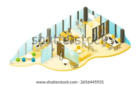 A full-view isometric illustration of a modern, collaborative office. Features entrance, lounge, meeting room, flexible seating, fixed desks, and video call booths. 