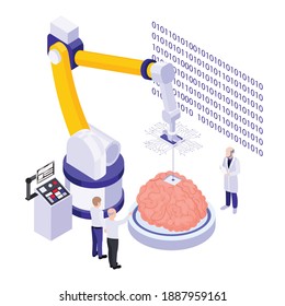 Fully automated brain chip installation system innovative technologies isometric composition with robotic arm performing surgery vector illustration
