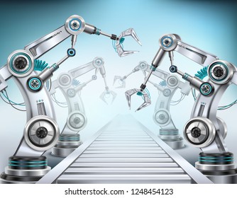 Fully automated production line conveyor system equipped with robotic arms realistic isometric composition light background vector illustration