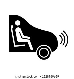Fully autonomous glyph icon. Smart car with passenger. Intelligent auto. Self driving automobile. Driverless vehicle. Silhouette symbol. Negative space. Vector isolated illustration