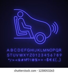 Fully autonomous neon light icon. Smart car with passenger. Intelligent auto. Self driving automobile. Driverless vehicle. Glowing sign with alphabet, numbers and symbols. Vector isolated illustration