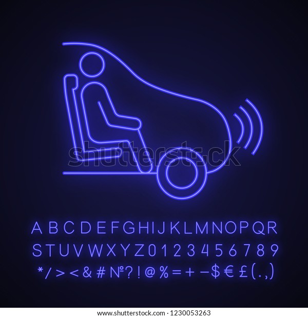 Fully autonomous neon light icon. Smart car\
with passenger. Intelligent auto. Self driving automobile.\
Driverless vehicle. Glowing sign with alphabet, numbers and\
symbols. Vector isolated\
illustration