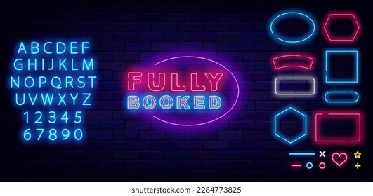 Fully booked neon label with ellipse border. Geometric frames collection. Online hotel booking. Shiny blue alphabet. Glowing sign for registration. Special offer badge. Vector stock illustration