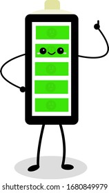 fully charged battery cartoon character smiling with his thumb on his hand raised up as a sign of approval concept technology object on a white background