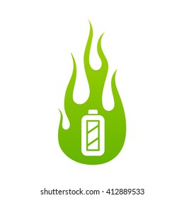 Fully charged battery. Ecological energy. Flat design. Isolated on white background. Vector illustration.