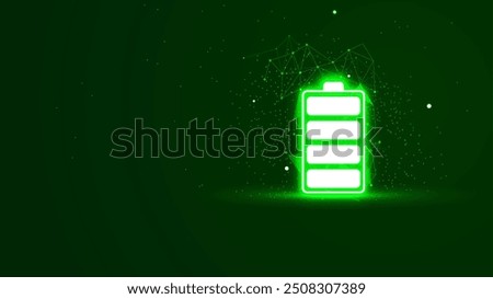 Fully charged battery illustration in the green neon light style. Futuristic glowing battery symbol with plexus lines and glitter particles. 3D abstract low poly copy space in the dark background