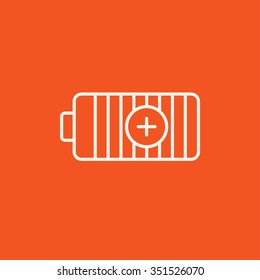 Voll aufgeladenes Akku-Line-Symbol für Web-, Mobil- und Infografiken. Vektorweißes Symbol einzeln auf rotem Hintergrund.