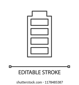 Fully charged battery linear icon. Charge completed. Thin line illustration. Battery level indicator. Contour symbol. Vector isolated outline drawing. Editable stroke