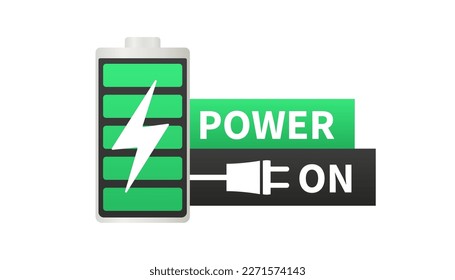 Fully charged battery. Power on. Battery level indicators. Wireless charging energy sign. Electricity accumulators. Energy alkaline batteries. Vector illustration