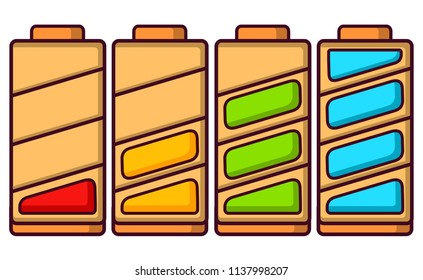 Fully charged battery smartphone icon. Line art vector illustration.Discharged batteries red and green,blue.Isolated on a white background.