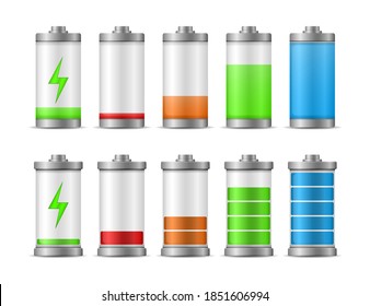 Fully charged and discharged accumulators smartphone battery. Battery charge full power energy level. Icons for gadget interfaces, mobile apps, website elements and your design. Vector illustration.