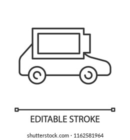 Fully charged electric car battery linear icon. Auto charge completed. Thin line illustration. Eco friendly automobile battery level indicator. Vector isolated outline drawing. Editable stroke