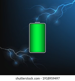 Fully charged green battery and short circuit. Concept of power and energy
