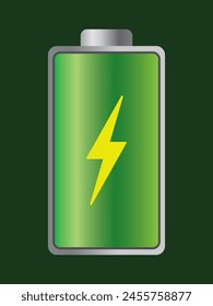 Ilustración vectorial de batería verde completamente cargada aislada sobre fondo verde oscuro. Concepto de poder y energía. Icono de indicador de nivel completo de batería brillante. Tecnología de baterías .