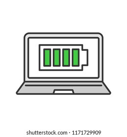 Fully charged laptop battery color icon. Computer charge completed. Notebook battery level indicator. Isolated vector illustration