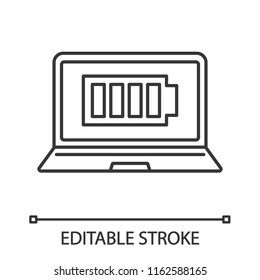 Fully charged laptop battery linear icon. Computer charge completed. Thin line illustration. Notebook battery level indicator. Contour symbol. Vector isolated outline drawing