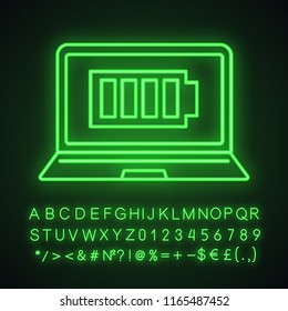 Fully charged laptop battery neon light icon. Computer charge completed. Notebook battery level indicator. Glowing sign with alphabet, numbers and symbols. Vector isolated illustration