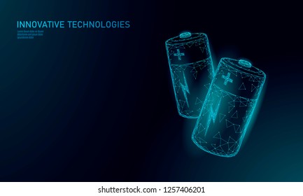 Fully charged polygonal alkaline battery. Energy power storage electric rechargeable supply. Blue glowing low poly polygon particle space dark sky industry technology concept vector illustration