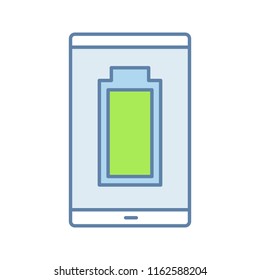 Fully charged smartphone battery color icon. Mobile phone charge completed. Battery level indicator. Isolated vector illustration