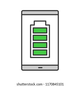 Fully charged smartphone battery color icon. Mobile phone charge completed. Battery level indicator. Isolated vector illustration