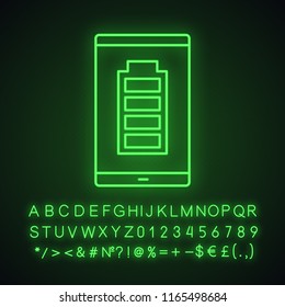 Fully charged smartphone battery neon light icon. Mobile phone charge completed. Battery level indicator. Glowing sign with alphabet, numbers and symbols. Vector isolated illustration