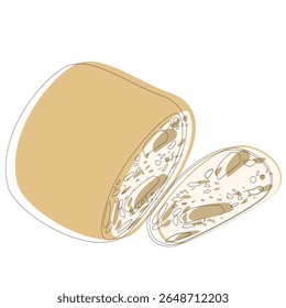 Pão de ciabatta totalmente colorido em estilo plano limpo, sem sombreamento ou volume. Inclui pão inteiro e fatias. Ideal para design minimalista de alimentos, embalagem e receitas visuais.