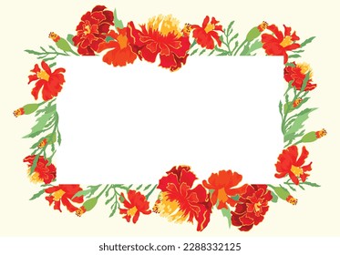 Fully colored flowers are put around a rectangular frame on a white background. Frame made from the Marigold flower parts. Floral frame for any design ideas.