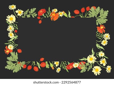 Fully colored flowers are put around a rectangular shape on a dark background. Frame made from Calendula, Marigold, Feverfew, and Dog rose flower parts. Floral frame for any design ideas.
