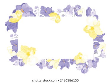 Fully colored flowers are put around a rectangular frame on a white background. Frame made from the parts of African violets in bloom. Floral frame for any design ideas.