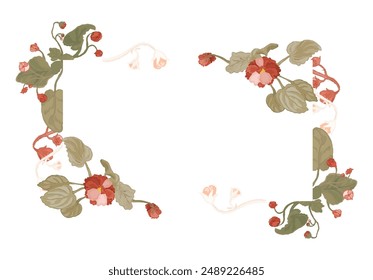 Fully colored flowers are put around a rectangular frame on a white background. Frame made from the parts of African violets in bloom. Floral frame for any design ideas.