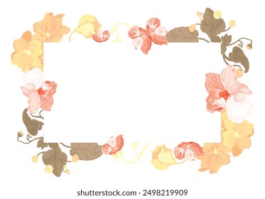 Fully colored flowers are put around a rectangular frame on a white background. Frame made from the parts of African violets in bloom. Floral frame for any design ideas.