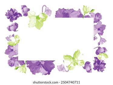 Fully colored flowers are put around a rectangular frame on a white background. Frame made from the parts of African violets in bloom. Floral frame for any design ideas.