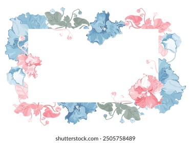Fully colored flowers are put around a rectangular frame on a white background. Frame made from the parts of African violets in bloom. Floral frame for any design ideas.