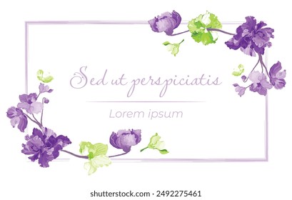 Fully colored flowers are put on a rectangular frame on a white background. Frame made from the African violets blossoming plant parts. Floral frame for any design ideas.