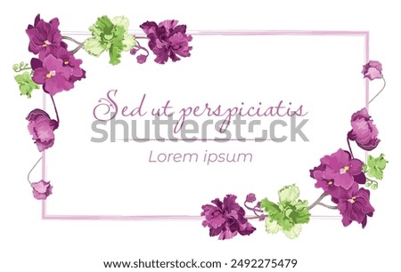 Fully colored flowers are put on a rectangular frame on a white background. Frame made from the African violets blossoming plant parts. Floral frame for any design ideas.