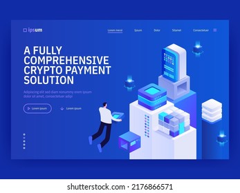 Fully comprehensive crypto payment solution isometric vector image on blue background. Blockchain system for business. Virtual banking. Web banner with space for text. Composition with 3d components