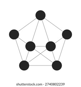 Fully connected network diagram 2D black filled object. System architecture. Geometric interconnected nodes forming pentagon structure isolated clipart vector ink item. Monochrome spot illustration