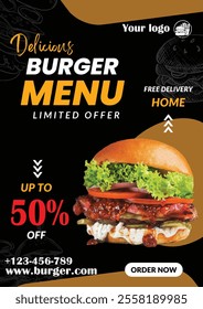 A fully customizable burger menu template for your customers. Includes free home delivery and amazing discounts! Easily editable file, perfect for food businesses.

