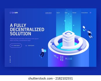 Fully decentralized solution isometric vector image on blue background. Blockchain financial system. Cryptocurrency payments in business. Web banner with space for text. Composition with 3d components